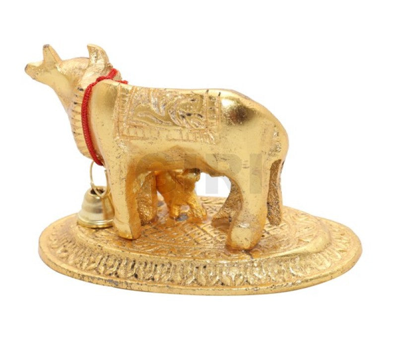 Gold Polish Cow & Calf Idol - 2.5 Inches | Kamadhenu Idol for Home/ Showpiece/ 90 Gms Approx
