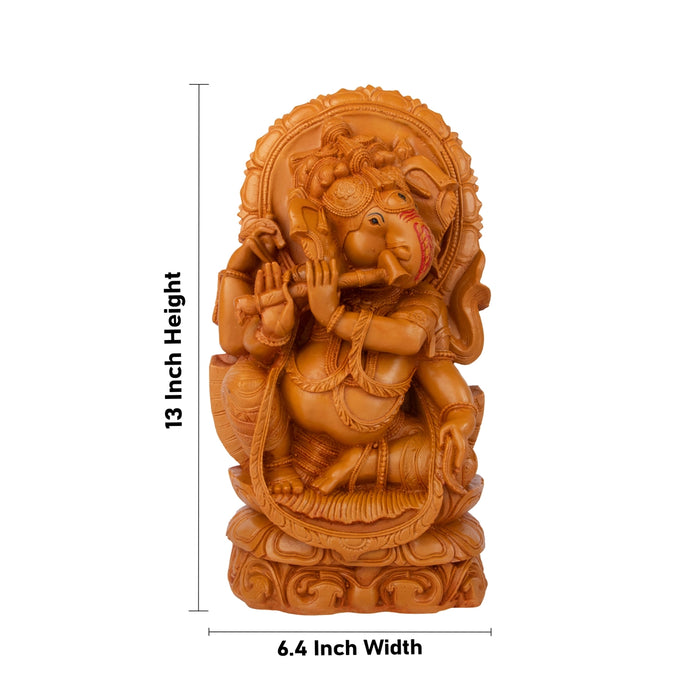 Ganesh Statue - 13 x 6.4 Inches | Marble Dust Statue/ Lord Ganesha Playing Flute Idol/ Wooden Polish Ganesh Idol for Pooja