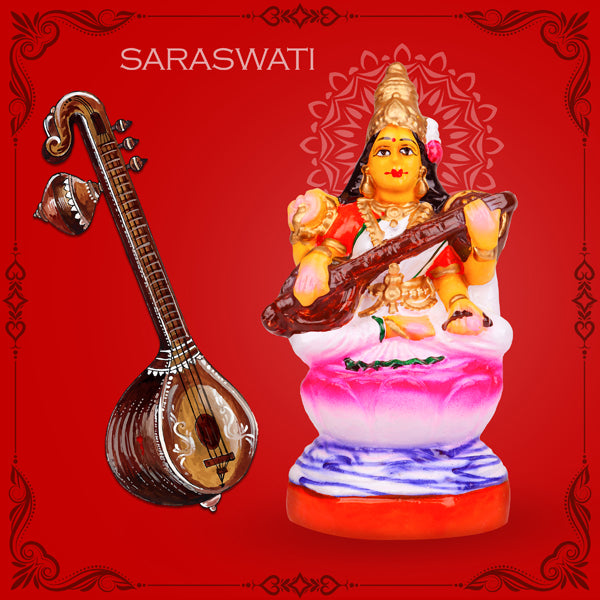 Saraswati Clay Golu Bommai - 8 x 4 Inches | Giri Golu Doll/ Navaratri Golu Bomma/Gombe/Bommai