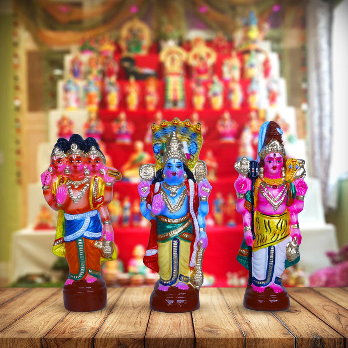 Brahma Vishnu Shiva Clay Golu Bommai Set - 11 X 4.5 Inches | Navratri Gombe/ Golu Doll For Navaratri Decor