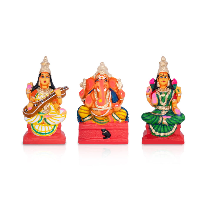 Lakshmi Ganesh Saraswati Idol Clay Golu Bommai Set- 10 X 5 Inch | Navratri Gombe/ Golu Doll For Navaratri Decor