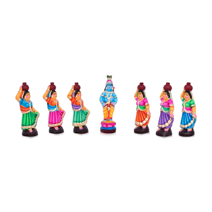 Krishna with Gopishri Clay Golu Bommai Set - 8.5 x 2.5 Inches | Giri Golu Doll/ Navaratri Golu Bomma/Gombe/Bommai