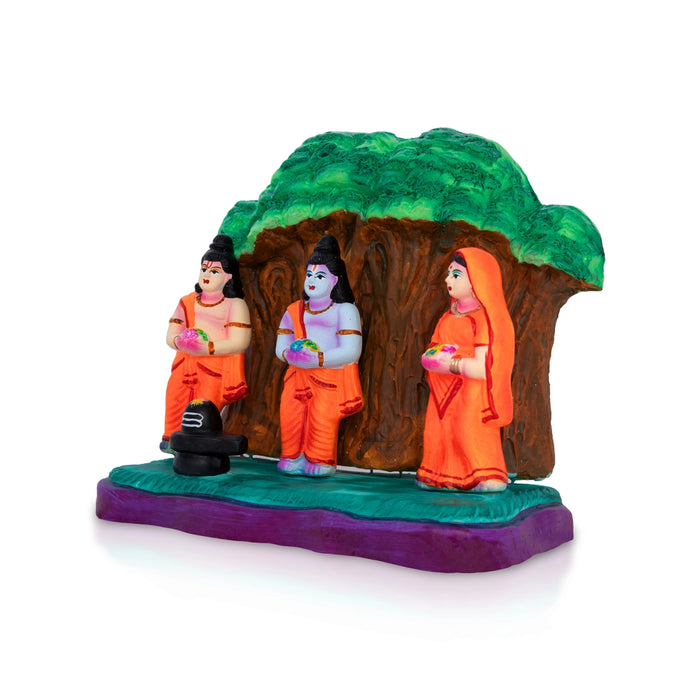 Rama Idol With Lakshman Sita Doing Shiva Pooja Clay Golu Bommai-7 X 8.5 Inches | Navratri Gombe/ Giri Golu Doll