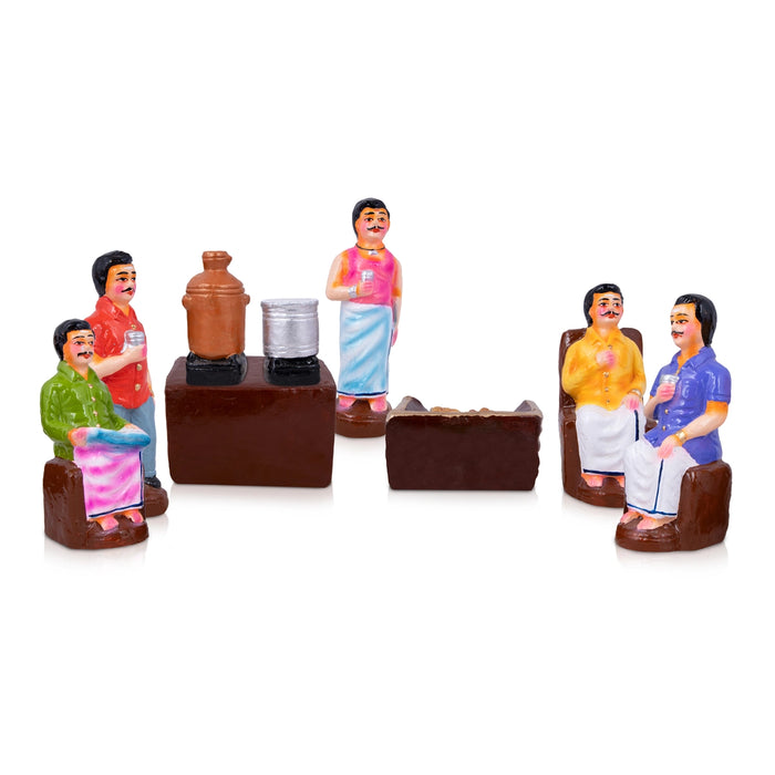 Tea Shop Clay Golu Bommai Set - 7 X 2.5 Inches | Navratri Gombe/ Golu Doll For Navaratri Decor
