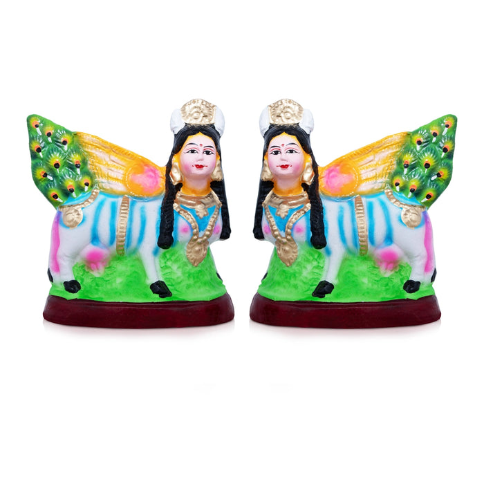 Kamadhenu Statue Clay Golu Bommai Pair - 8 X 7 Inches | Navratri Gombe/ Golu Doll For Navaratri Decor