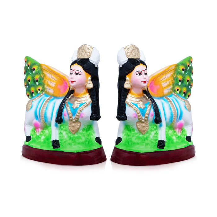 Kamadhenu Statue Clay Golu Bommai Pair - 8 X 7 Inches | Navratri Gombe/ Golu Doll For Navaratri Decor