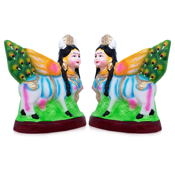Kamadhenu Statue Clay Golu Bommai Pair - 8 X 7 Inches | Navratri Gombe/ Golu Doll For Navaratri Decor
