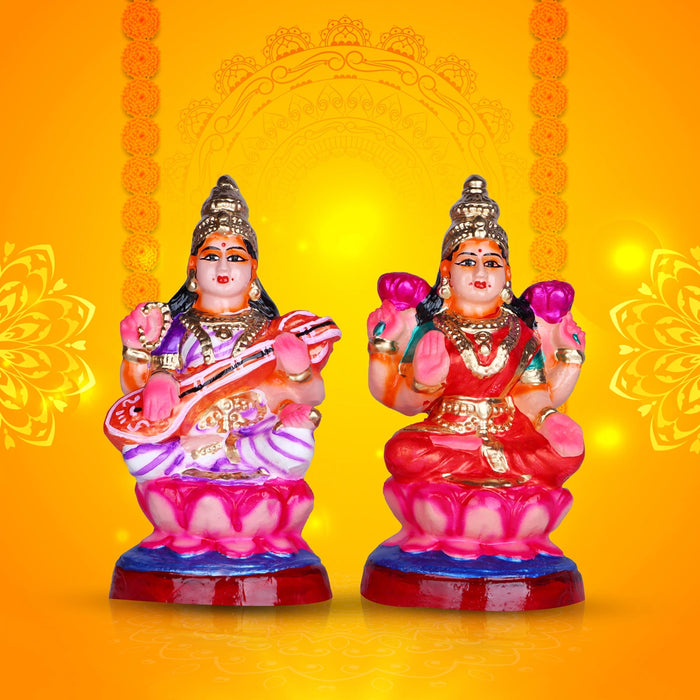 Lakshmi Saraswati Clay Golu Bommai Pair - 8 x 4 Inches | Giri Golu Doll/ Navaratri Golu Bomma/Gombe/Bommai