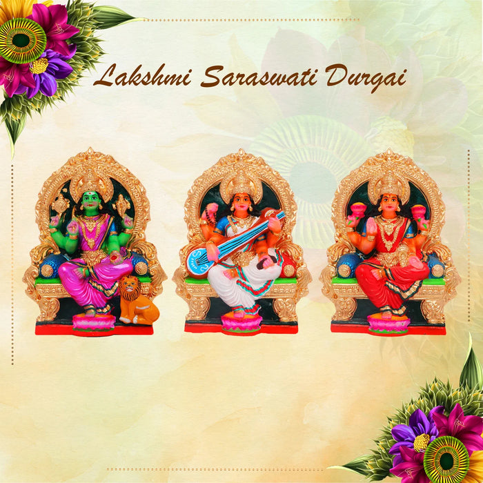 Durga Lakshmi Saraswathi Clay Golu Bommai Set - 11 x 7 Inches | Giri Golu Doll/ Navaratri Golu Bomma/Gombe