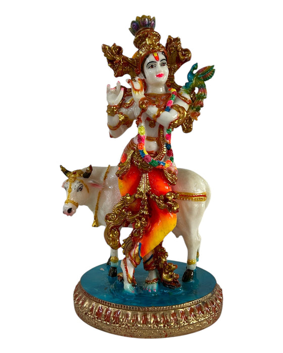 Krishna with Cow Idol - 11 Inches | Kamdhenu/ Kannan Statue/ Marble Material/ Gifts