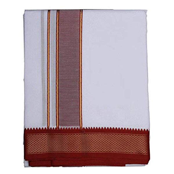 Veshti- 9 x 5 Yards | Ten Kan MayilKan Design Dhoti for Men/ White Colour