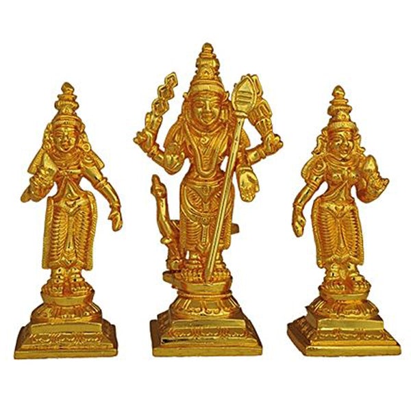 Gold Polish Murugan Valli Deivanai Statue - 4 Inches | Kartikeya Idol for Pooja/ 500 Gms Approx