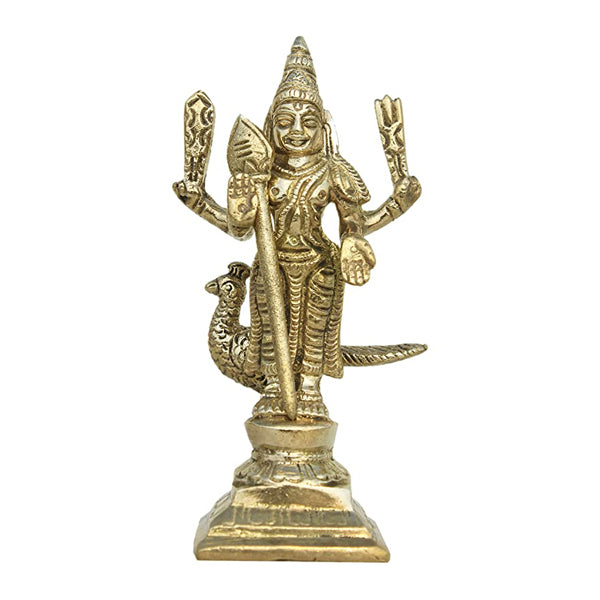 Brass Murugan Idol - 4 Inches | Antique Finish Karthikeya Statue for Pooja/ 225 Gms Approx