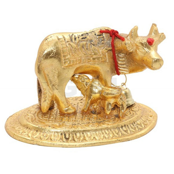 Gold Polish Cow & Calf Idol - 2.5 Inches | Kamadhenu Idol for Home/ Showpiece/ 90 Gms Approx
