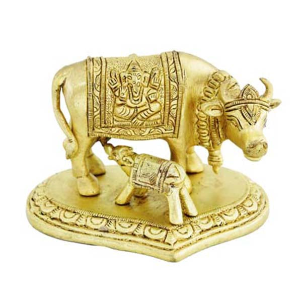 Brass Cow and Calf Statue - 4 x 3 Inches | Antique Finish Kamadhenu Idol for Pooja/ 340 Gms Approx