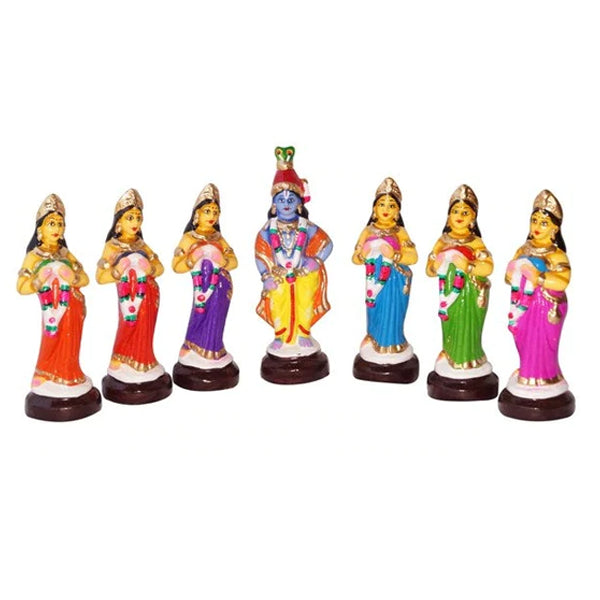 Krishna with Gopishri Set - 8 Inch | GiriAus Golu Doll/ Clay/ Krishna with Gopis Set/ Navratri Bommai