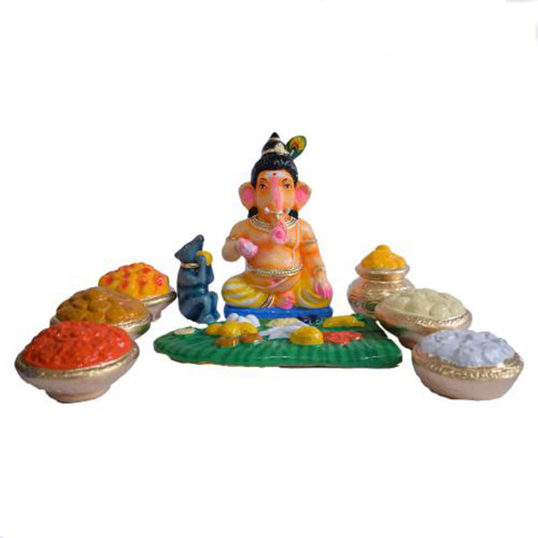 Ganesh Maya Bazar Set - 15 Inch | GiriAus  Golu Doll/ Paper Mache/ Ganapati with Food Varieties Set/ Navratri Bommai