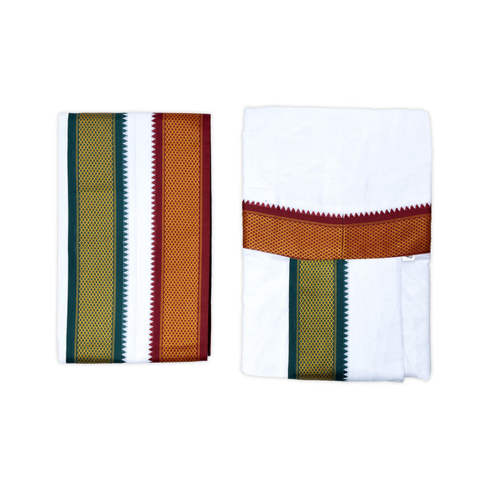 Readymade Panchakacham With Angavastram - 9 x 5 Yards | Mayilkan border White Colour Dhoti & Thundu for Men