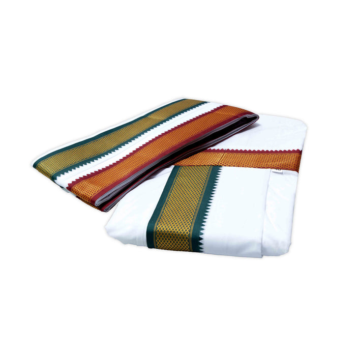 Readymade Panchakacham With Angavastram - 9 x 5 Yards | Mayilkan border White Colour Dhoti & Thundu for Men