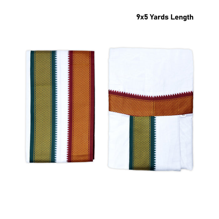 Readymade Panchakacham With Angavastram - 9 x 5 Yards | Mayilkan border White Colour Dhoti & Thundu for Men