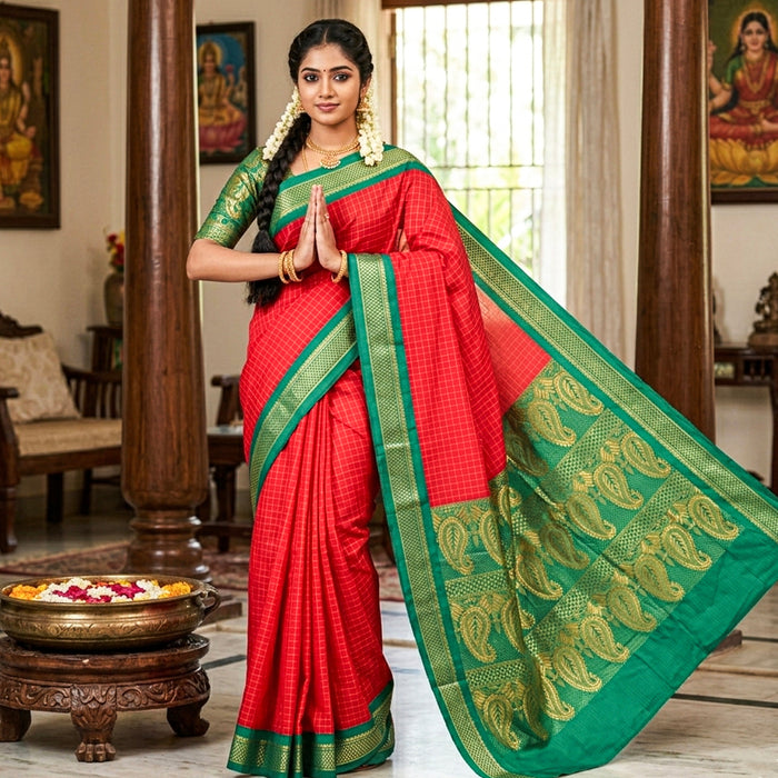Saree - 9.5 Yards | Korvai Checked & Rich Pallu Pudavai/ Ethnic Saree/ South Indian Saree For Festive Wear