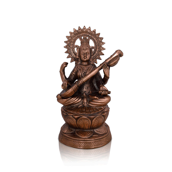 Saraswati Devi Sitting On Lotus Base - 24 x 14 Inches | Copper Oxidised Idol/ Saraswathi Statue For Temple Decor