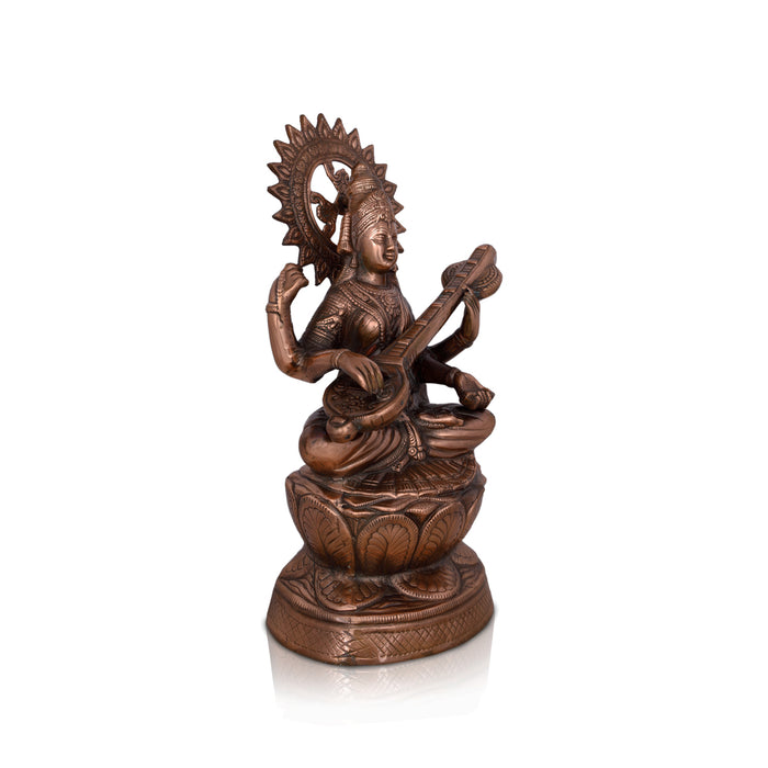 Saraswati Devi Sitting On Lotus Base - 24 x 14 Inches | Copper Oxidised Idol/ Saraswathi Statue For Temple Decor