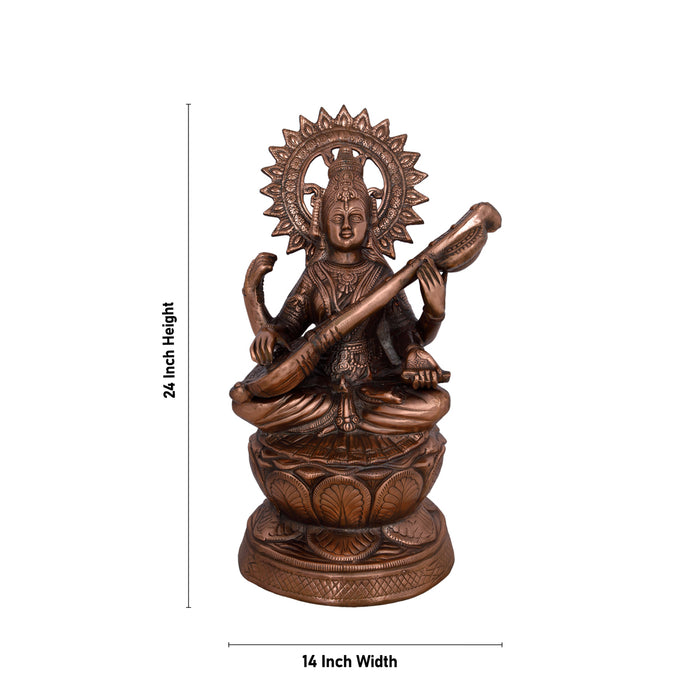 Saraswati Devi Sitting On Lotus Base - 24 x 14 Inches | Copper Oxidised Idol/ Saraswathi Statue For Temple Decor