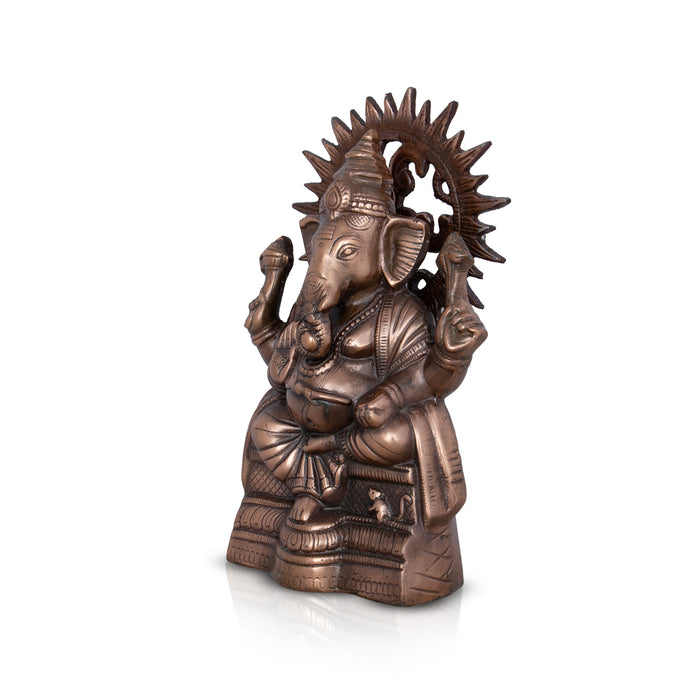 Laddu Ganesha Sitting On Base Murti - 13 x 8 Inches | Copper Oxidised Idol/ Vinayagar Statue For Temple Decor