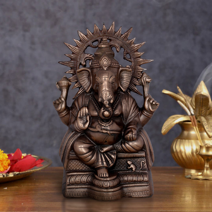 Laddu Ganesha Sitting On Base Murti - 13 x 8 Inches | Copper Oxidised Idol/ Vinayagar Statue For Temple Decor