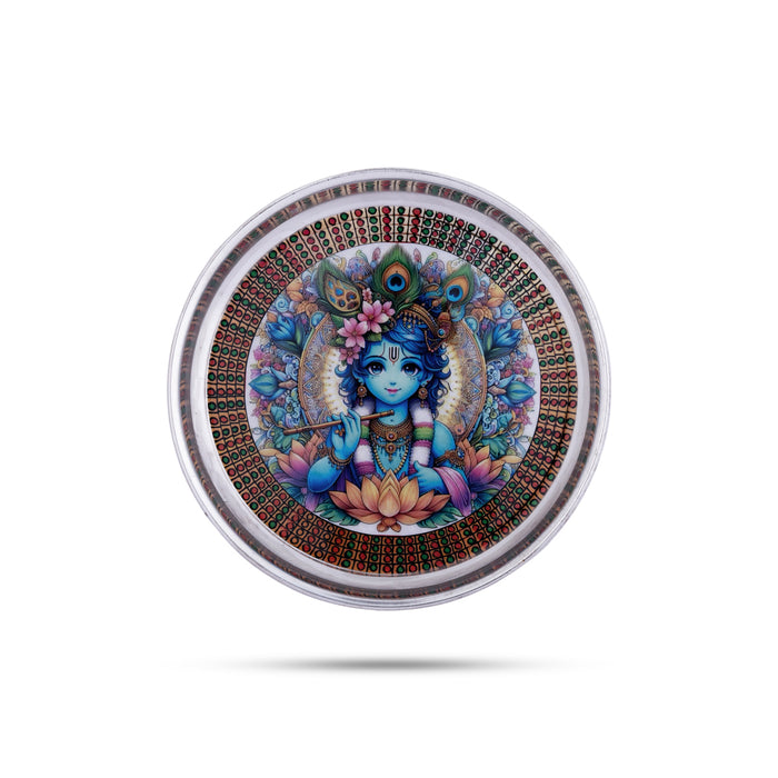 Krishna Murti Sticker Design Plate - 7 Inches | Stainless Steel Pooja Plate/Silver Polish Thali Plate For Puja