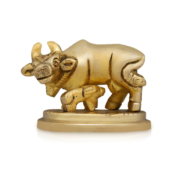 Cow And Calf Statue - 1.5 x 2.25 Inches | Antique Brass Idol/ Kamadhenu Figurine For Home & Pooja Decor