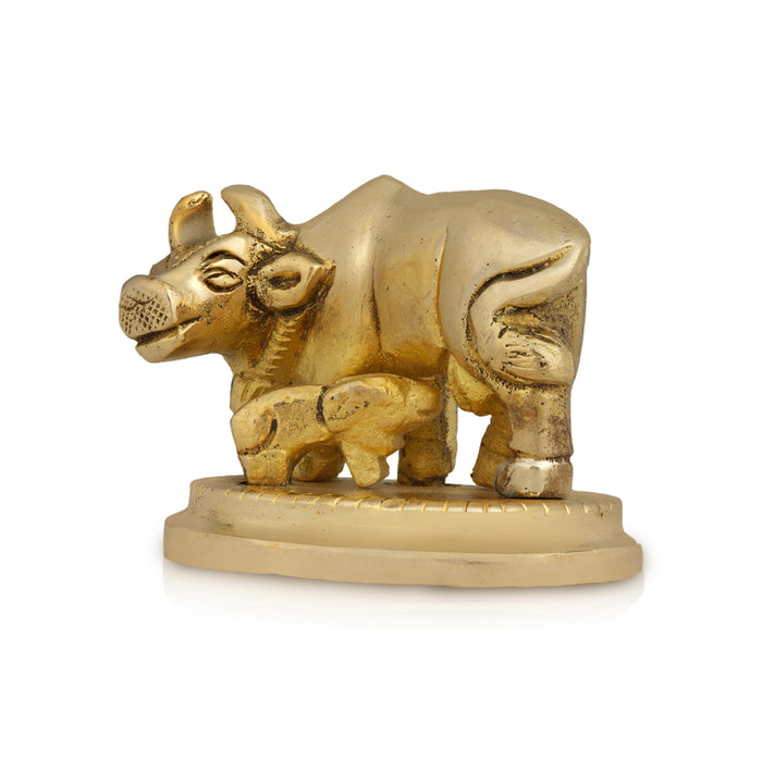 Cow And Calf Statue - 1.5 x 2.25 Inches | Antique Brass Idol/ Kamadhenu Figurine For Home & Pooja Decor