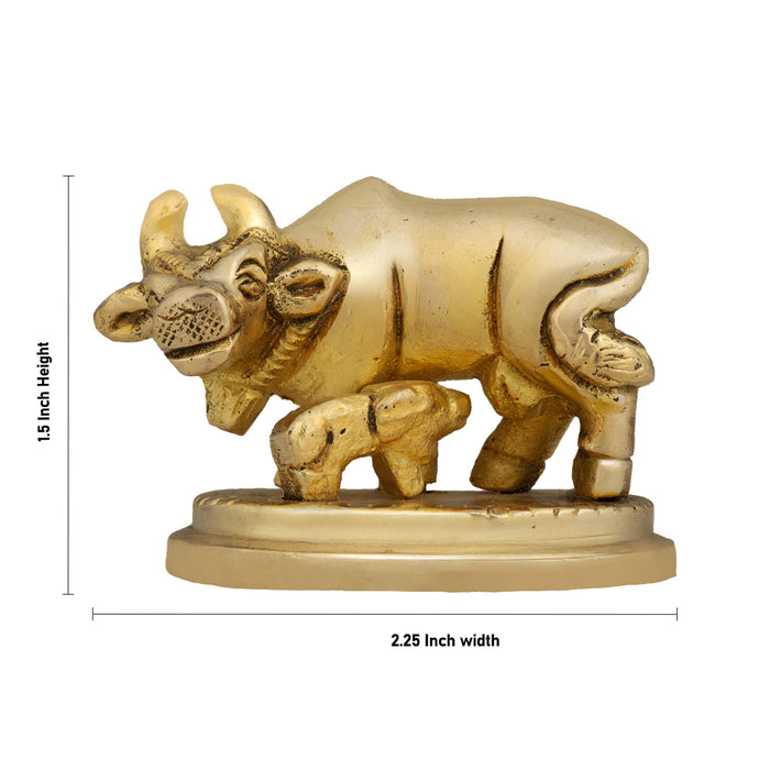 Cow And Calf Statue - 1.5 x 2.25 Inches | Antique Brass Idol/ Kamadhenu Figurine For Home & Pooja Decor