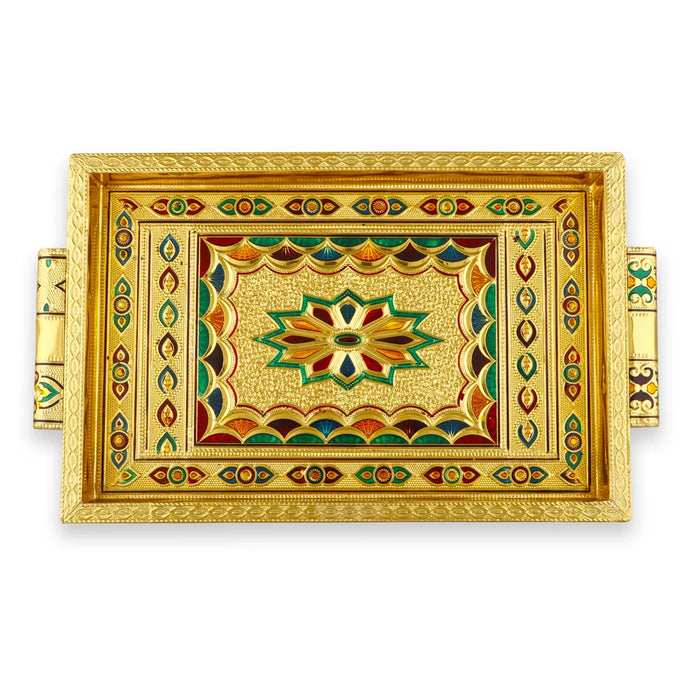 Decorative Plate With Handle- 1.5 X 13 X 8 Inches | Gold Polish Pooja Plate/Wooden Tray For Ritual & Home Decor