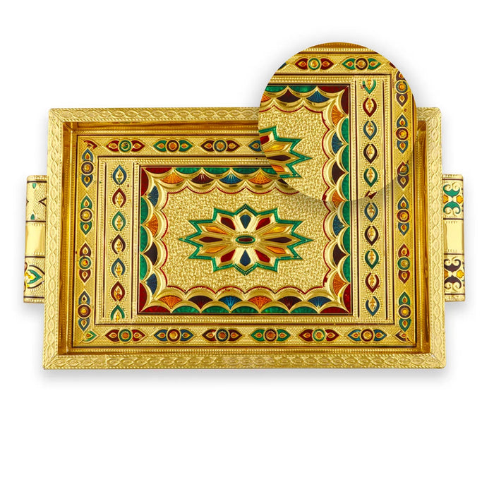Decorative Plate With Handle- 1.5 X 13 X 8 Inches | Gold Polish Pooja Plate/Wooden Tray For Ritual & Home Decor
