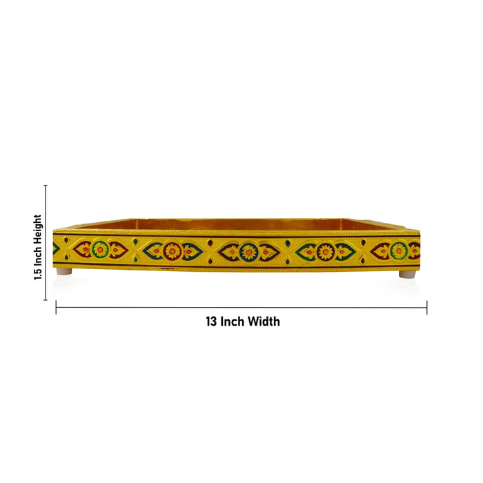 Decorative Plate With Handle- 1.5 X 13 X 8 Inches | Gold Polish Pooja Plate/Wooden Tray For Ritual & Home Decor