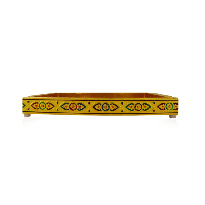 Decorative Plate With Handle- 1.5 X 13 X 8 Inches | Gold Polish Pooja Plate/Wooden Tray For Ritual & Home Decor