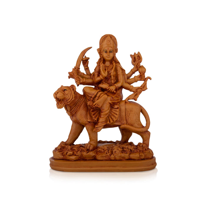 Durga Devi - 9.5 x 6.5 Inches | Durga Statue Sitting On Tiger/ Resin Statue/ Wooden Finish Durga Murti for Pooja