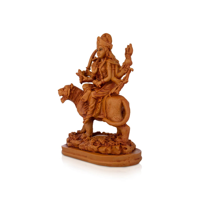 Durga Devi - 9.5 x 6.5 Inches | Durga Statue Sitting On Tiger/ Resin Statue/ Wooden Finish Durga Murti for Pooja