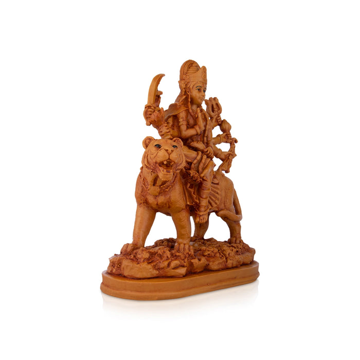Durga Devi - 9.5 x 6.5 Inches | Durga Statue Sitting On Tiger/ Resin Statue/ Wooden Finish Durga Murti for Pooja