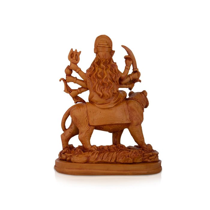Durga Devi - 9.5 x 6.5 Inches | Durga Statue Sitting On Tiger/ Resin Statue/ Wooden Finish Durga Murti for Pooja