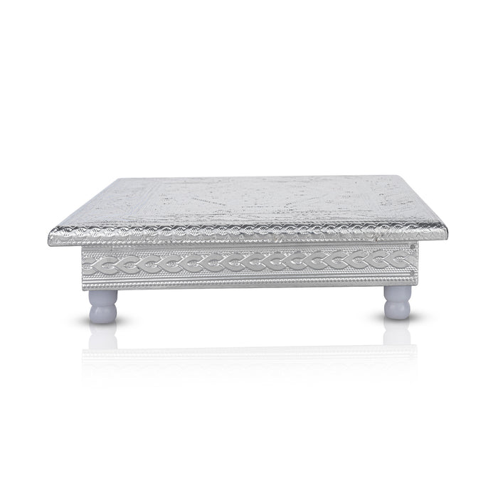 Pooja Chowki With Leg - 8 x 8 Inches | Silver Polish Bajot/ Patla/ Manai Palagai for Home & Deity Decor