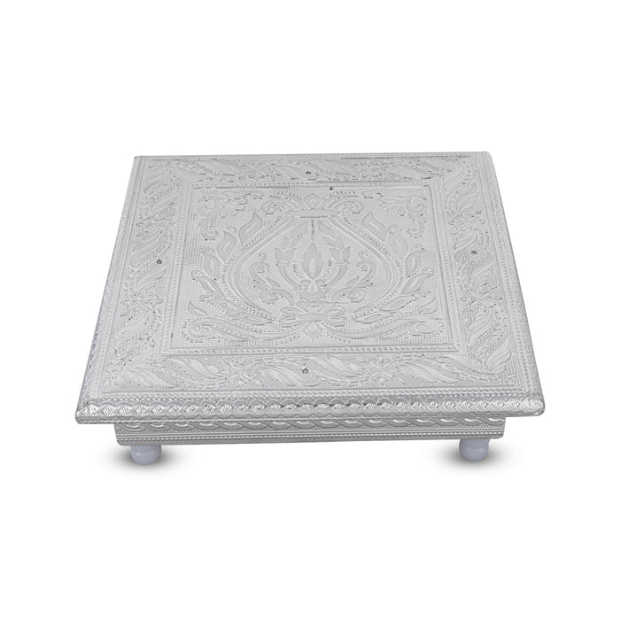 Pooja Chowki With Leg - 8 x 8 Inches | Silver Polish Bajot/ Patla/ Manai Palagai for Home & Deity Decor