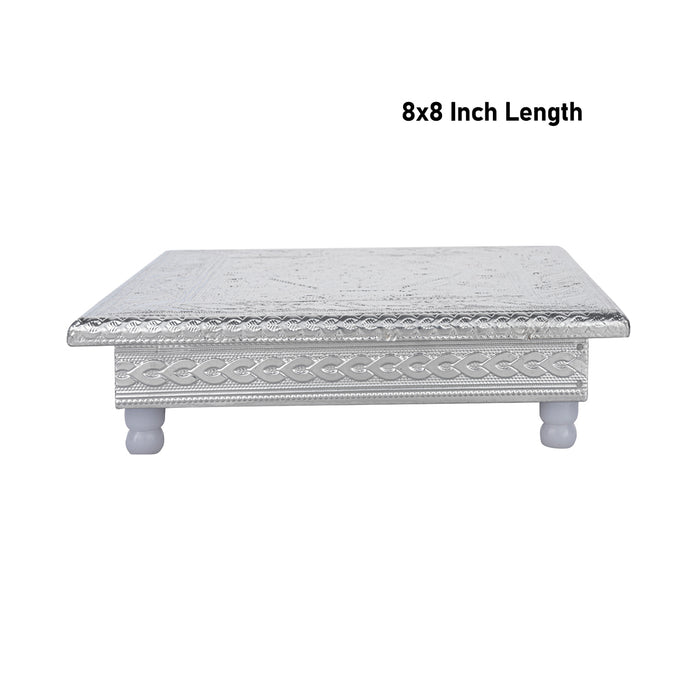 Pooja Chowki With Leg - 8 x 8 Inches | Silver Polish Bajot/ Patla/ Manai Palagai for Home & Deity Decor
