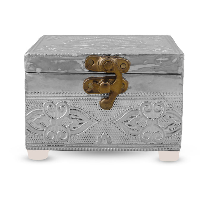 Pooja Box - 2.5 x 4 Inches | Silver Polish Jewellery Box/ Storage Box With Lock/ Organizer For Home