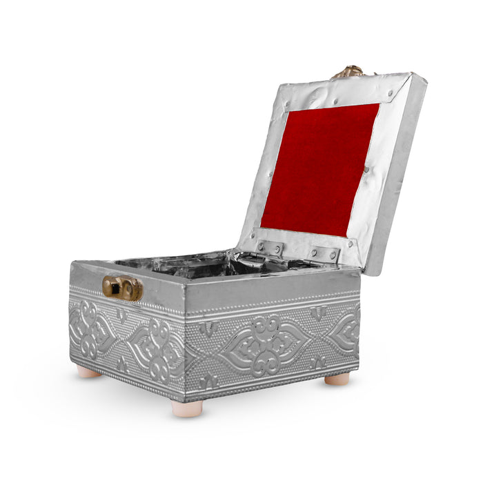 Pooja Box - 2.5 x 4 Inches | Silver Polish Jewellery Box/ Storage Box With Lock/ Organizer For Home