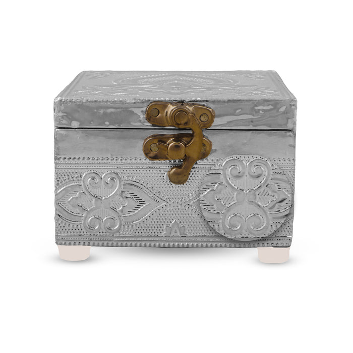 Pooja Box - 2.5 x 4 Inches | Silver Polish Jewellery Box/ Storage Box With Lock/ Organizer For Home
