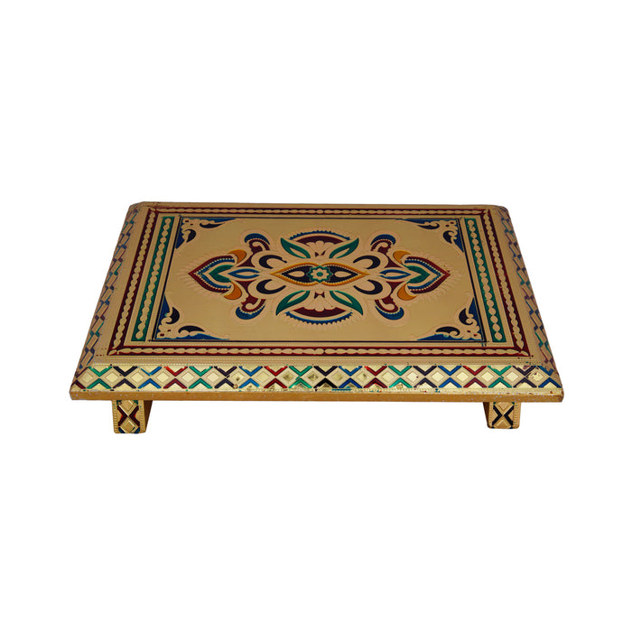 Pooja Chowki With Base - 7 x 10 Inches | Manai Palagai/ Gold Polish Bajot/ Meenakari Design Patla For Deity