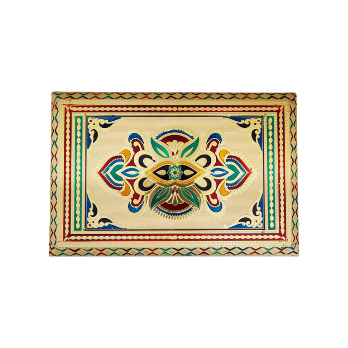Pooja Chowki With Base - 7 x 10 Inches | Manai Palagai/ Gold Polish Bajot/ Meenakari Design Patla For Deity